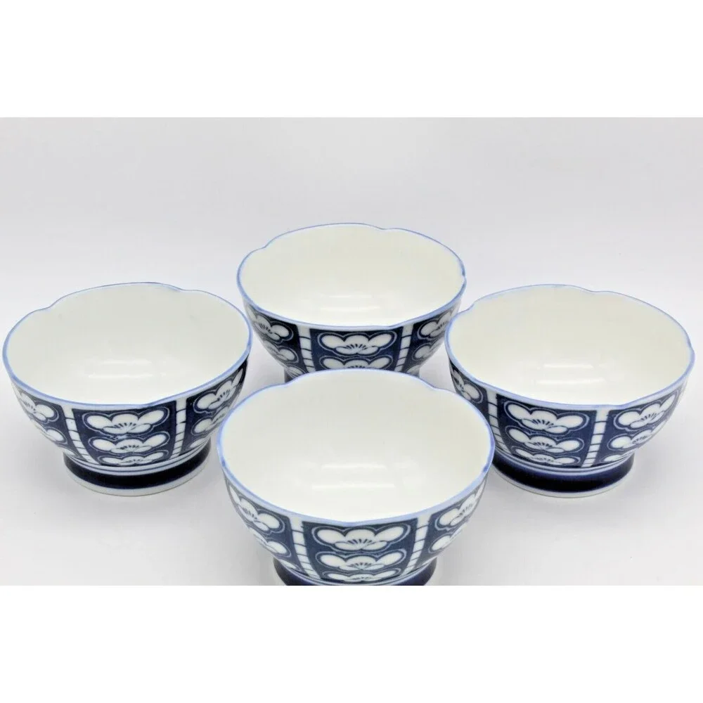 Rice Bowls Ume Japanese Porcelain Set of 4 Blue White Plum Blossom Vintage